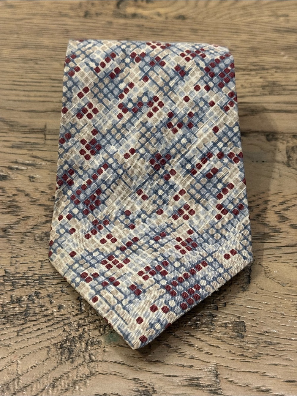 Dior Beige Tie with Blue Lattice and Red Dot Pattern